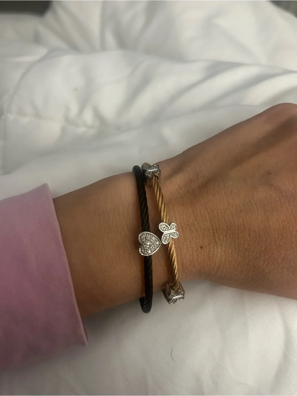 Two-Tone Heart & butterflies Cable Bracelets - Black and Gold